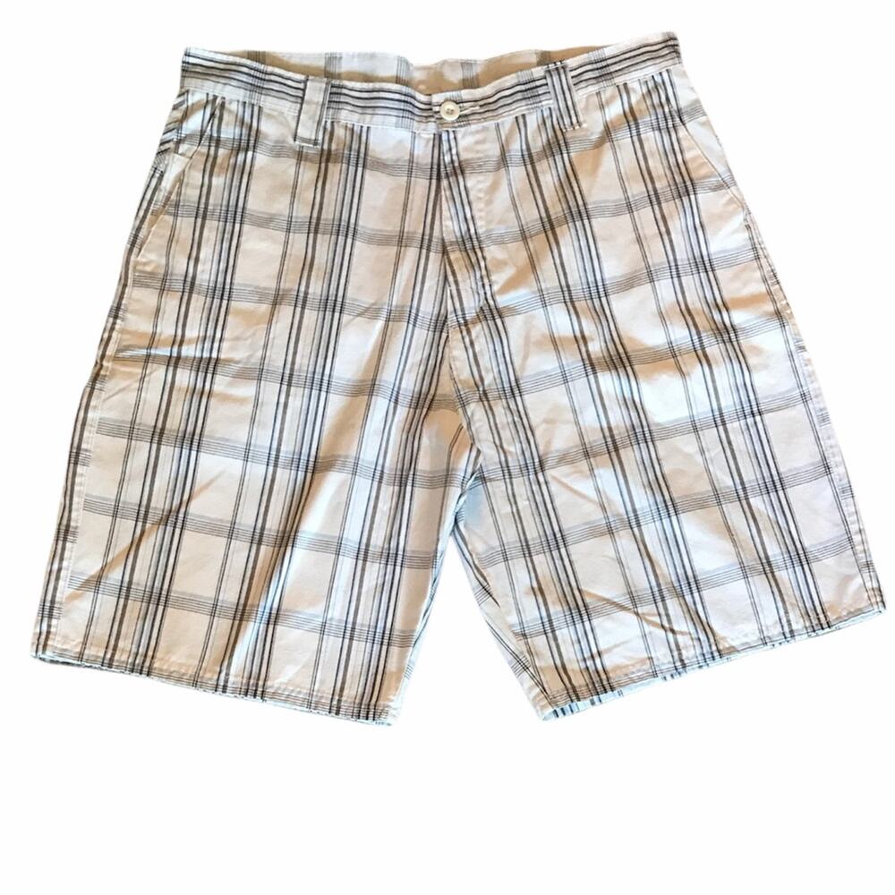Burnside Flat Front Shorts White Blue Plaid Size 36